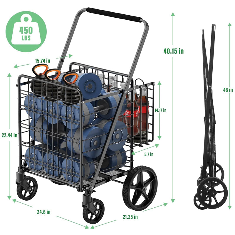 Extra Large Shopping Cart 450 lbs Folding Shopping Cart with 360° Swivel Wheels Heavy Duty Utility Cart