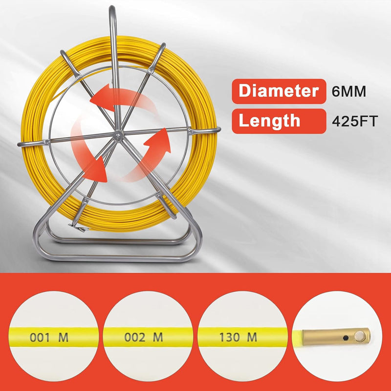 425 FT Fish Tape Fiberglass 1/4 inch Duct Rodder Fishtape Wire Puller with Steel Reel Stand