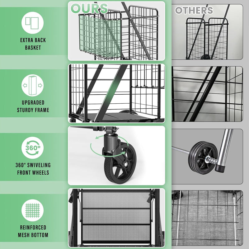 Extra Large Shopping Cart 450 lbs Folding Shopping Cart with 360° Swivel Wheels Heavy Duty Utility Cart