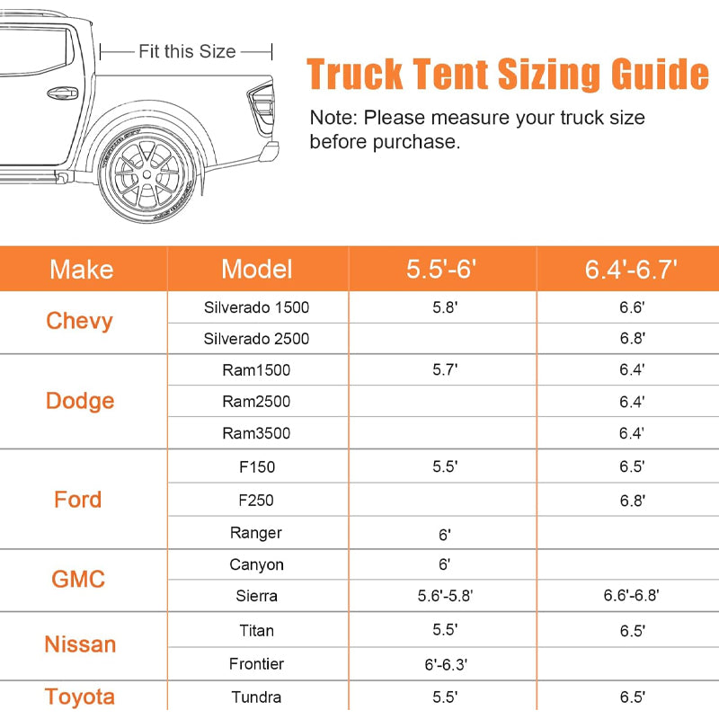 6.4'-6.7' Truck Bed Tent Waterproof Pickup Truck Tent with Carry Bag Easy Set-up