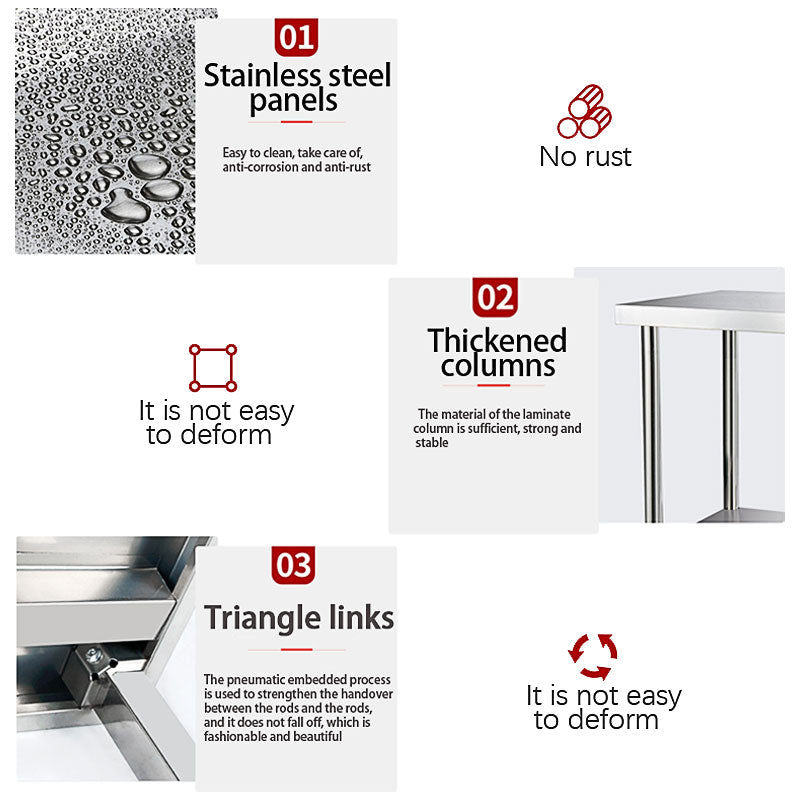 Stainless Steel Preparation Counter, Double Kitchen Countertop, Catering Equipment, Round Foot Adjustment Worktop