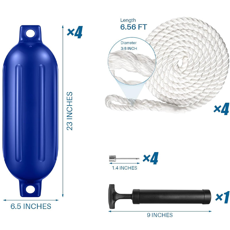 6.5" × 23" Boat Fenders 4pcs PVC Ribbed Twin Eyes Boat Fenders Bumpers for Docking