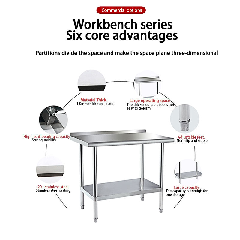 Stainless Steel Preparation Counter, Double Kitchen Countertop, Catering Equipment, Round Foot Adjustment Worktop