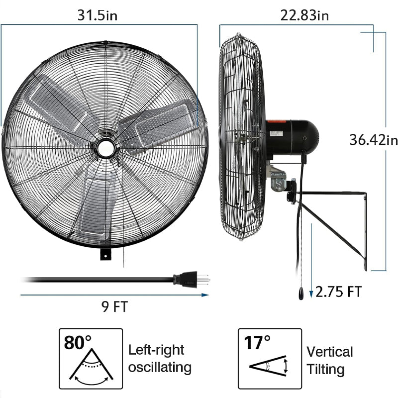 30 Inch Industrial Wall Fan Max. 9500 CFM Heavy Duty Fan for Warehouse Workshop Factory