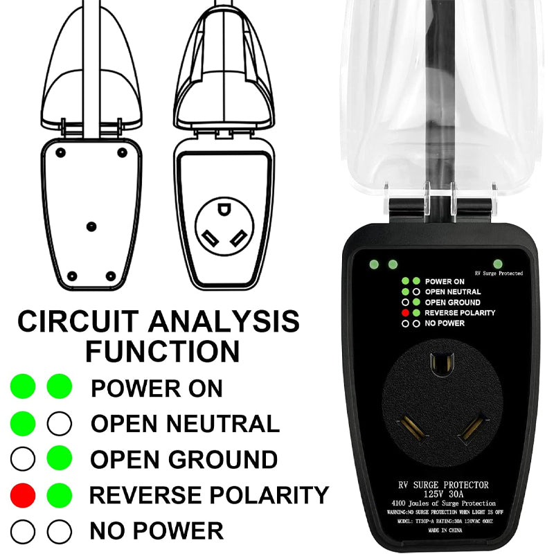 30 Amp RV Surge Protector 4100 Joules Waterproof Cover Power Protector with Circuit Analyzer