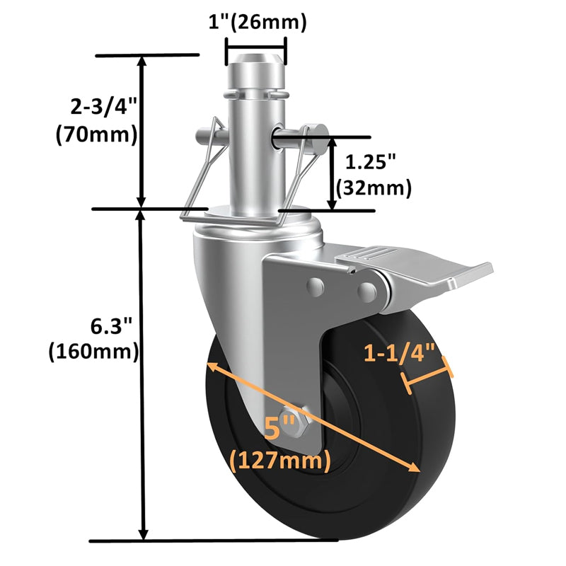 5" Scaffolding Wheels 4 Pack Scaffold Wheels 1" Round Tubing Style 280 lbs Baker Wheels