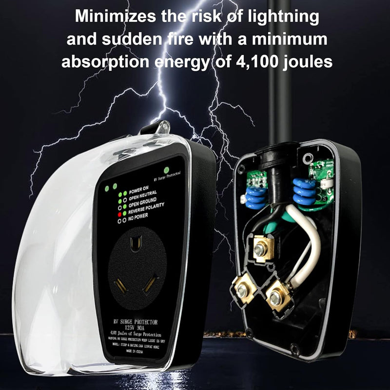 30 Amp RV Surge Protector 4100 Joules Waterproof Cover Power Protector with Circuit Analyzer