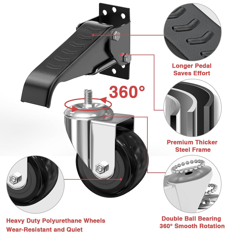 2.5" Workbench Caster Wheels 175 lbs Load Capacity Set of 4 Heavy Duty Stepdown Caster