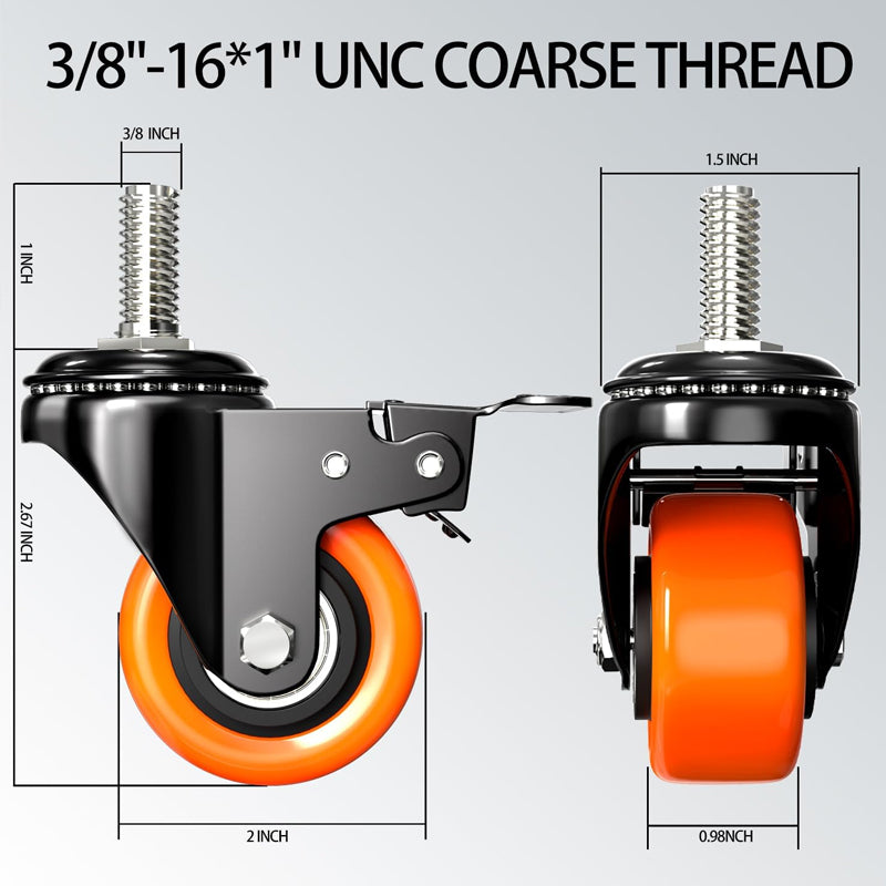 2 Inch Heavy Duty Caster Wheels 150 lbs 4 Pack Threaded Stem Casters with Security Locking Brake