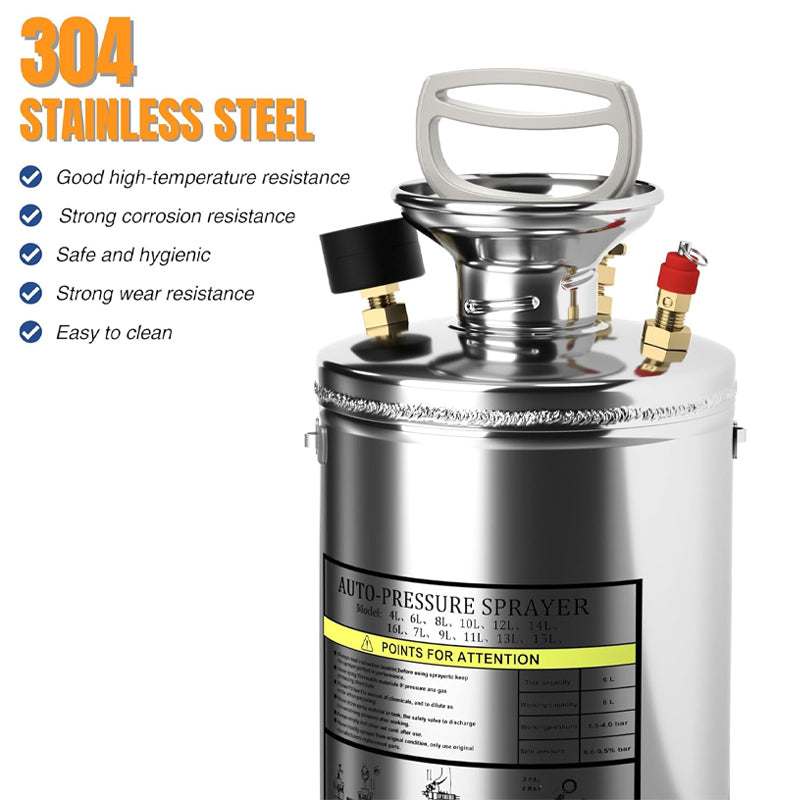 1.5 Gallon Stainless Steel Sprayer Backpack Chemical Sprayer with Pressure Gauge 16" Wand 3.3ft Hose Safety Valve