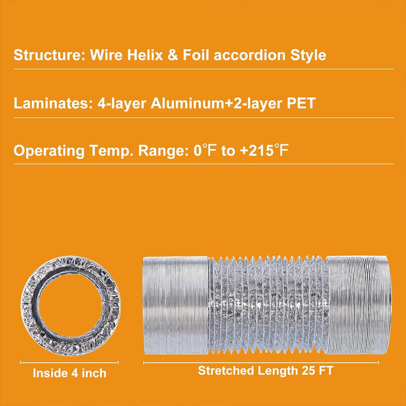 4'' × 25 ft Flexible Dryer Vent Duct Hose Extra Thick Aluminum Foil Grow Tent Exhaust Fan Ducting