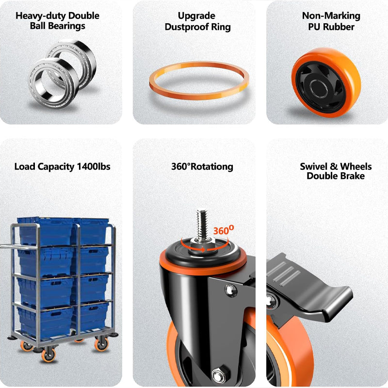 3 Inch Caster Wheels 400 lbs Capacity Threaded Stem Casters 3/8"-16 x 1" for Cart Furniture