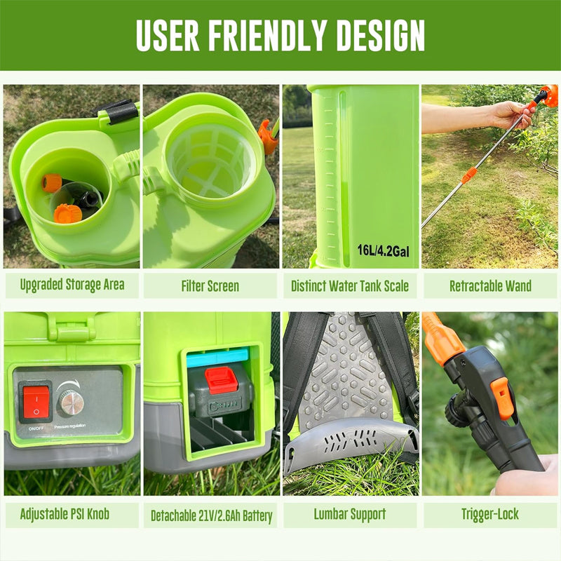 4 Gallon Battery Powered Backpack Sprayer 100 PSI Electric Graden Sprayer 2.6 Ah Battery