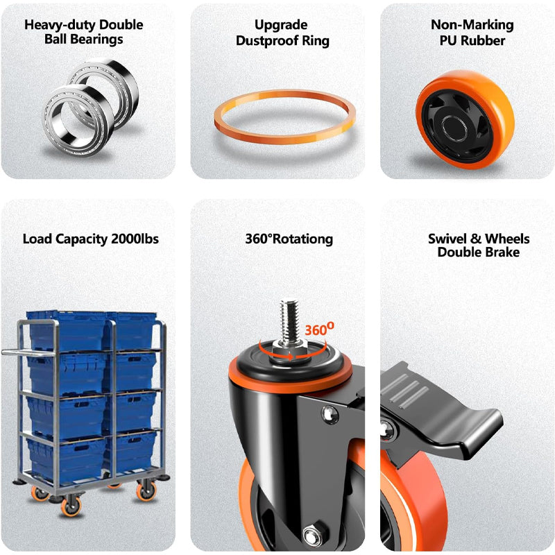 4 Inch Stem Caster Wheels 500 lbs Heavy Duty Industrial Casters No Noise Swivel Caster Wheels