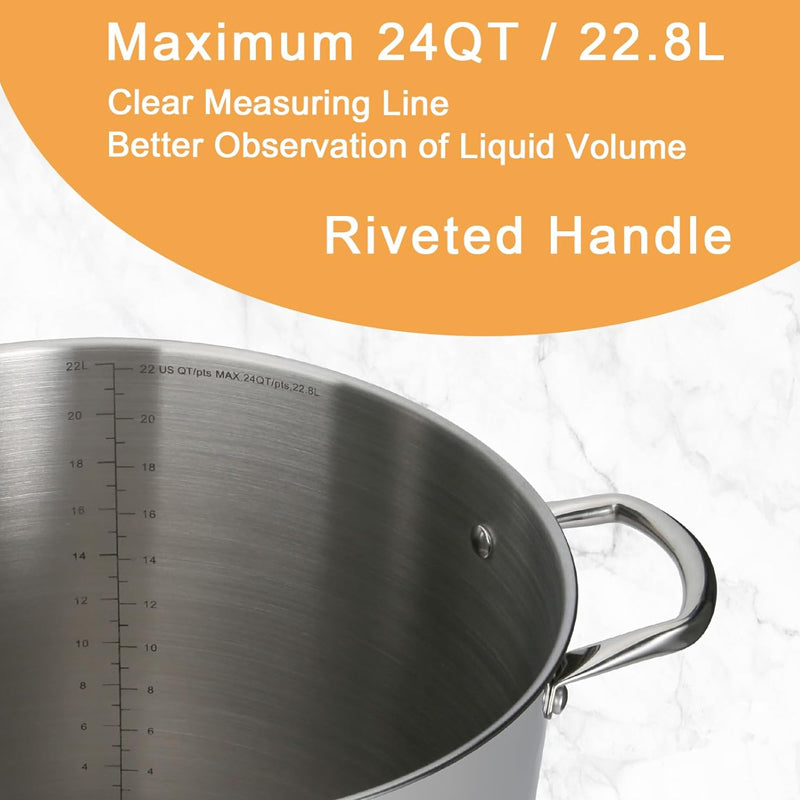 24QT Stock Pot Stainless Steel with Lid Handle Durable Heavy Duty Vessel Dishwasher Safe