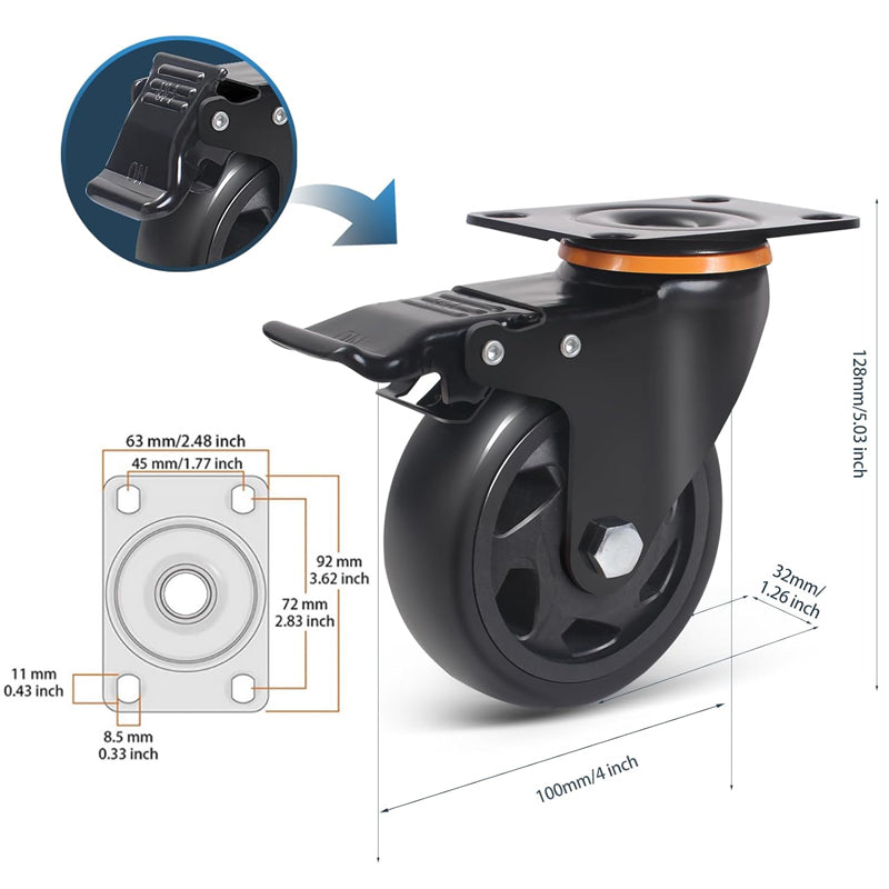 4 Inch Caster Wheels 500 lbs Load Capacity Per Caster Set of 4 Swivel Plate Casters Dual Locking Plate Casters