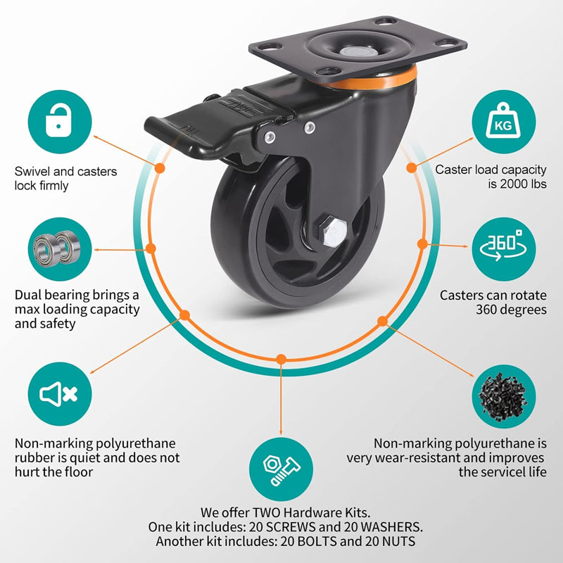 4 Inch Caster Wheels 500 lbs Load Capacity Per Caster Set of 4 Swivel Plate Casters Dual Locking Plate Casters