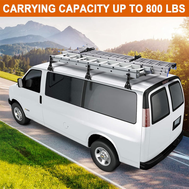 3 Bars Van Ladder Rack 750 lbs Capacity Adjustable Van Roof Ladder Rack with Ladder Stoppers