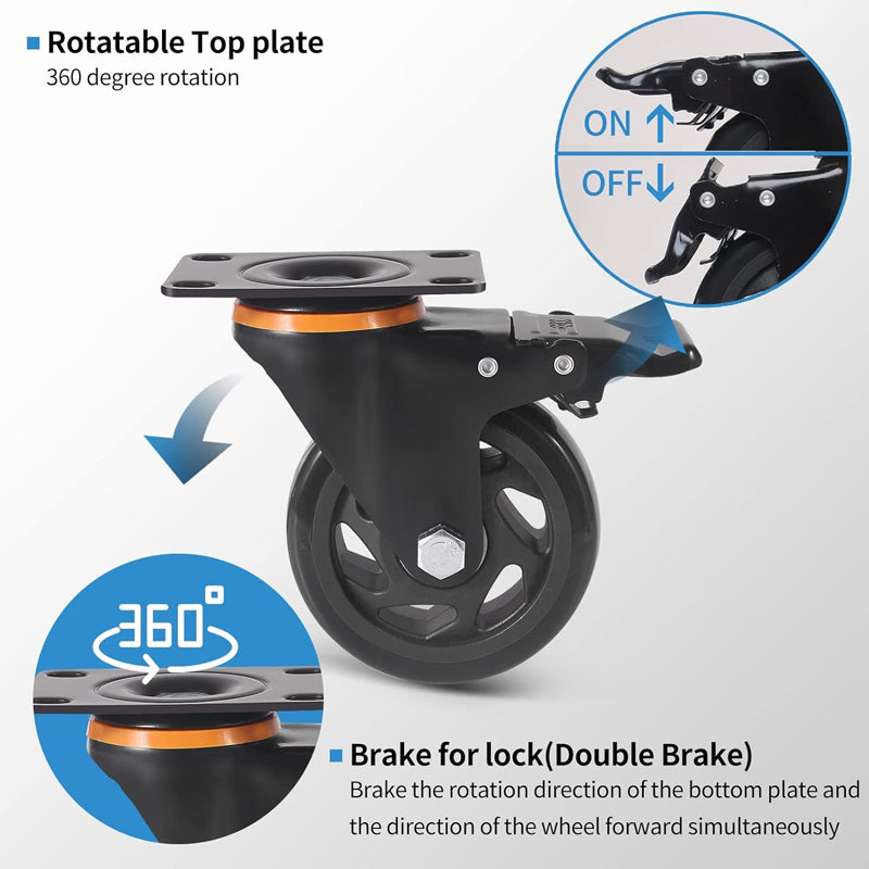 4 Inch Caster Wheels 500 lbs Load Capacity Per Caster Set of 4 Swivel Plate Casters Dual Locking Plate Casters