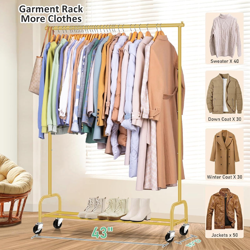 Clothing Garment Rack 43" × 15" × 63" Metal Rolling Clothes Organizer with 4 Swivel Casters