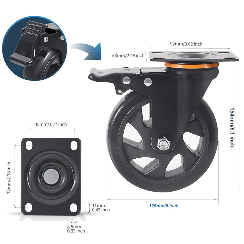 5 Inch Caster Wheels 550 lbs Load Capacity Per Caster Heavy Duty Casters with Brake Set of 4