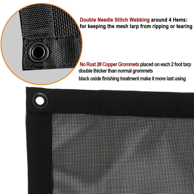 Dump Truck Mesh Tarp 7' × 18' Black Heavy Duty Cover with 6'' Pocket Double Needle Stitch Webbing