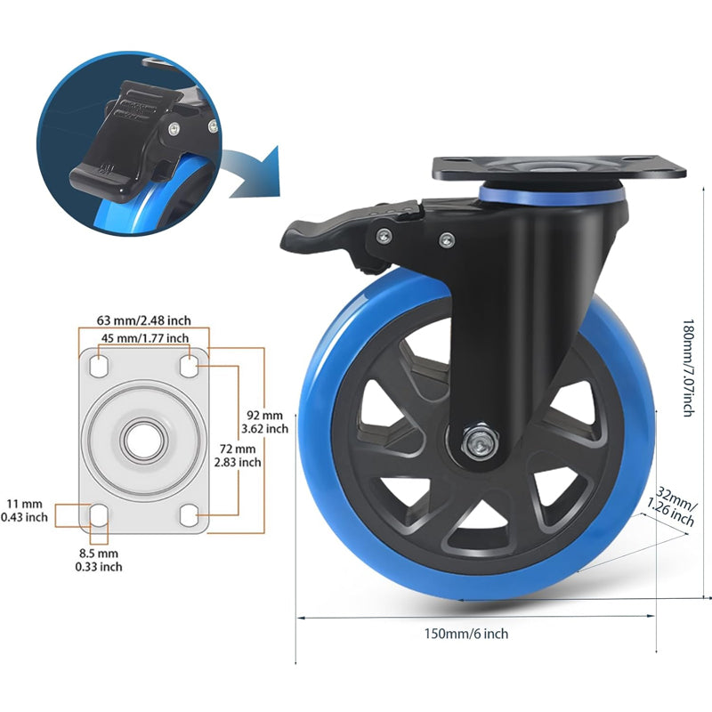 6 Inch Caster Wheels 700 lbs Load Capacity Per Caster Polyurethane Foam No Noise Wheels