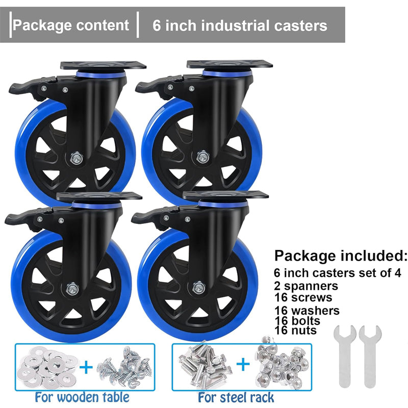 6 Inch Caster Wheels 700 lbs Load Capacity Per Caster Polyurethane Foam No Noise Wheels