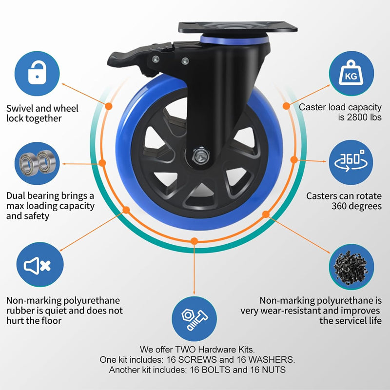 6 Inch Caster Wheels 700 lbs Load Capacity Per Caster Polyurethane Foam No Noise Wheels
