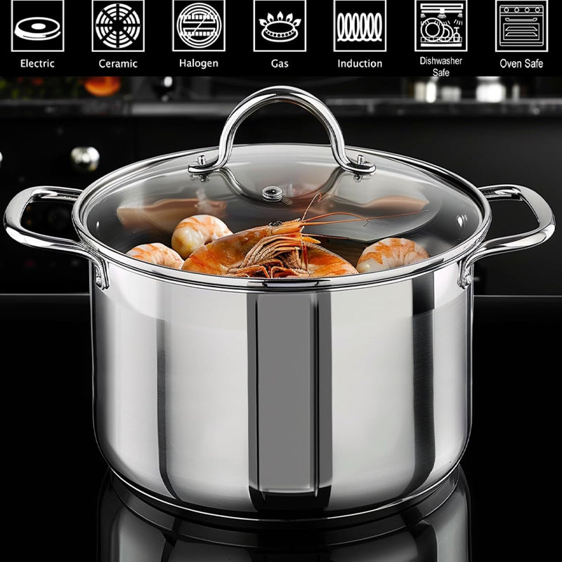 24QT Stock Pot Stainless Steel with Lid Handle Durable Heavy Duty Vessel Dishwasher Safe
