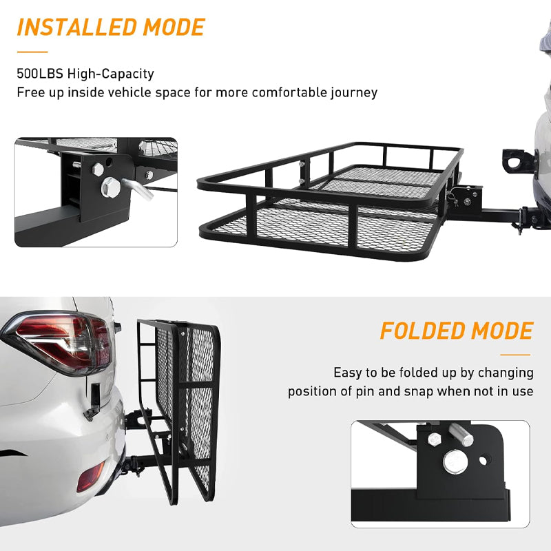 Hitch Cargo Carrier 60" x 24" x 6" 500 LBS Load Capacity Folding Trailer Hitch Mounted Steel Cargo Basket