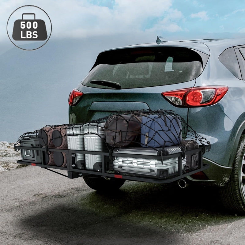 Hitch Cargo Carrier 60" x 24" x 6" 500 LBS Load Capacity Folding Trailer Hitch Mounted Steel Cargo Basket