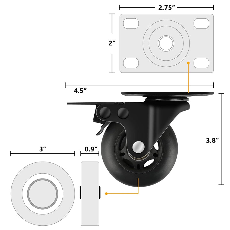3 Inch Caster Wheels 500 lbs Load Capacity Per Caster 4 Heavy Duty Quiet Casters Non-Marking Wheels