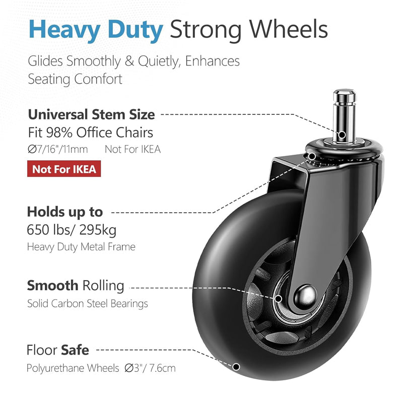 3 inch Office Chair Wheels 5pcs Rubber Chair Casters 130 lbs Load Capacity Caster Wheels Replacement