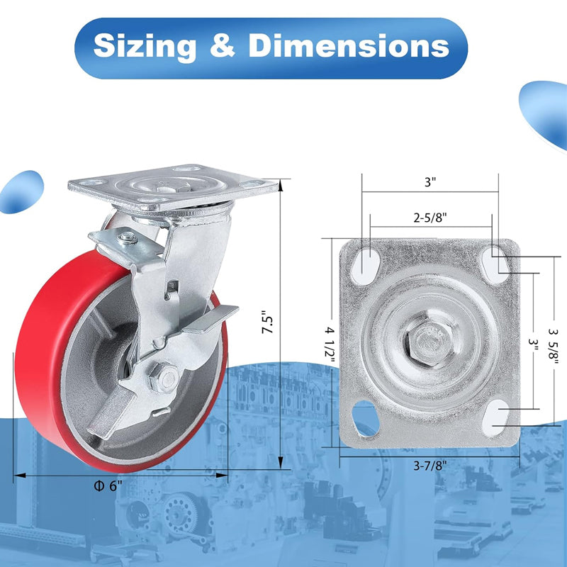 6 Inch Plate Swivel Casters 4 Pack No Noise Polyurethane Wheels 1200 lbs Capacity Per Wheel