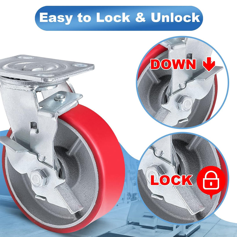 6 Inch Plate Swivel Casters 4 Pack No Noise Polyurethane Wheels 1200 lbs Capacity Per Wheel