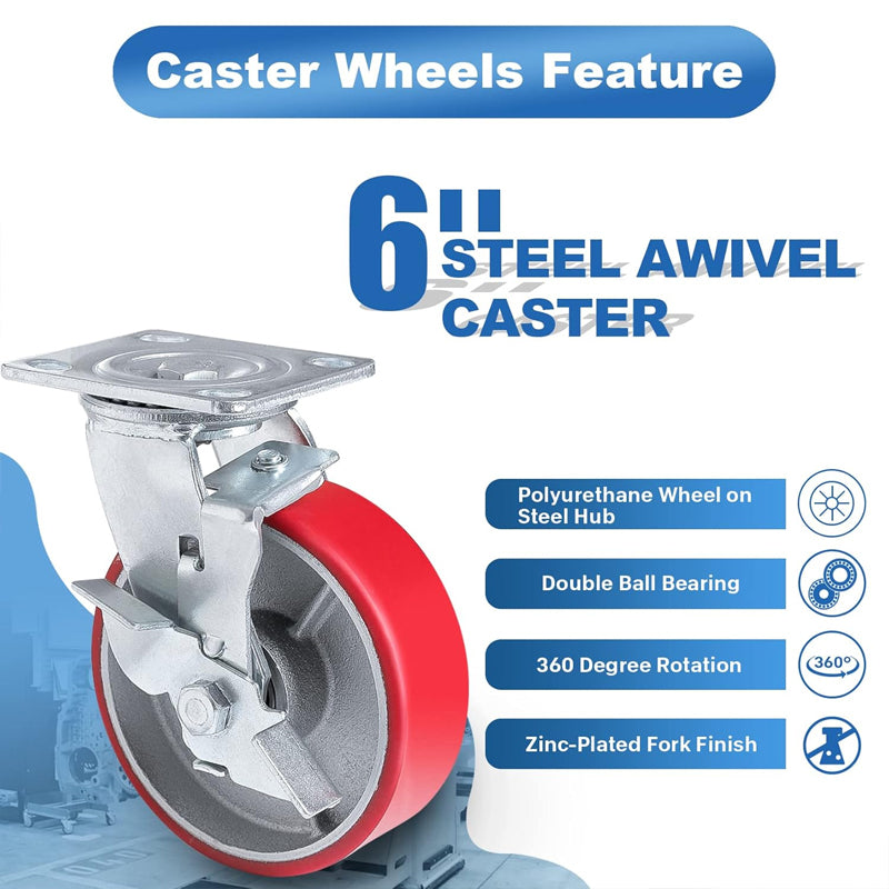 6 Inch Plate Swivel Casters 4 Pack No Noise Polyurethane Wheels 1200 lbs Capacity Per Wheel