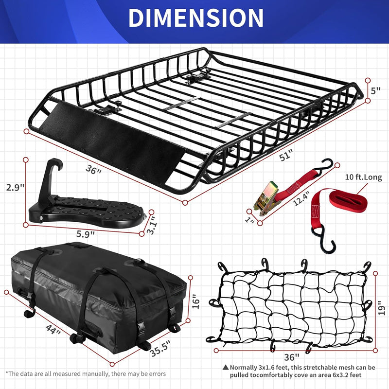 51"×36"×5" Roof Rack Basket 200 LBS Capacity Waterproof Cargo Bag with Attachment Hooks