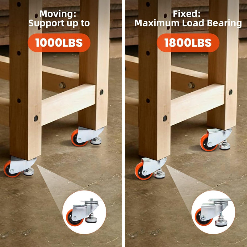 3 Inch Leveling Casters with Adjustable Leveling Feet 1800 lbs Industrial Grade Workbench Casters