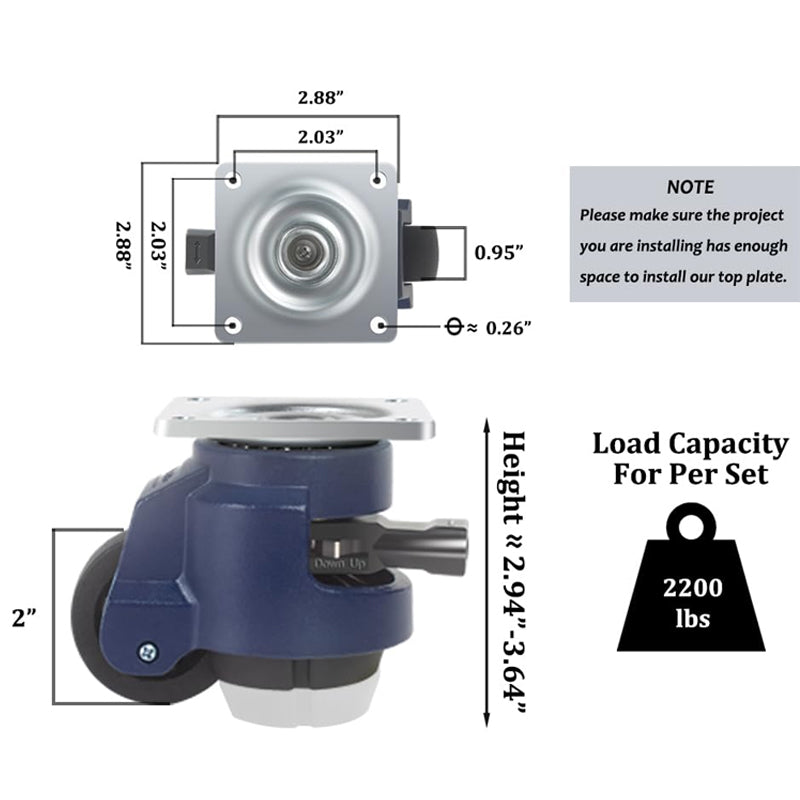 2 Inch Leveling Casters with Upgraded Handle 2200 lbs Capacity Leveling Casters 360° Swivel Caster Wheels