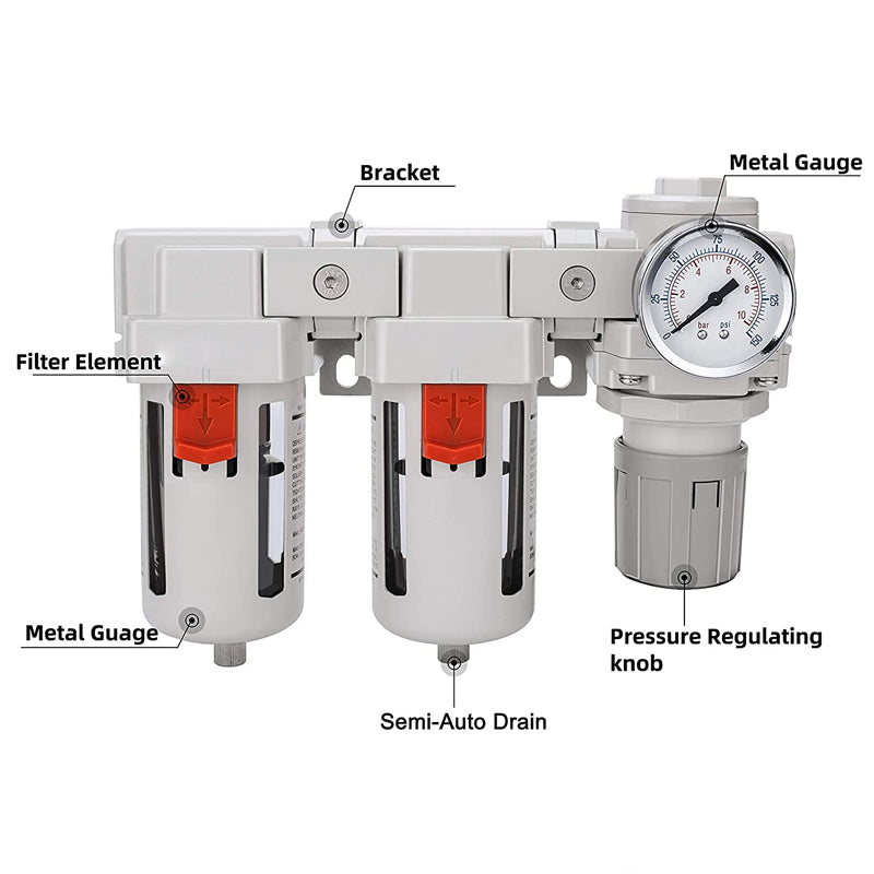 3/8" NPT Air Compressor Filter Regulator 5μm Air Drying System Poly Bowl Semi-Auto Drain