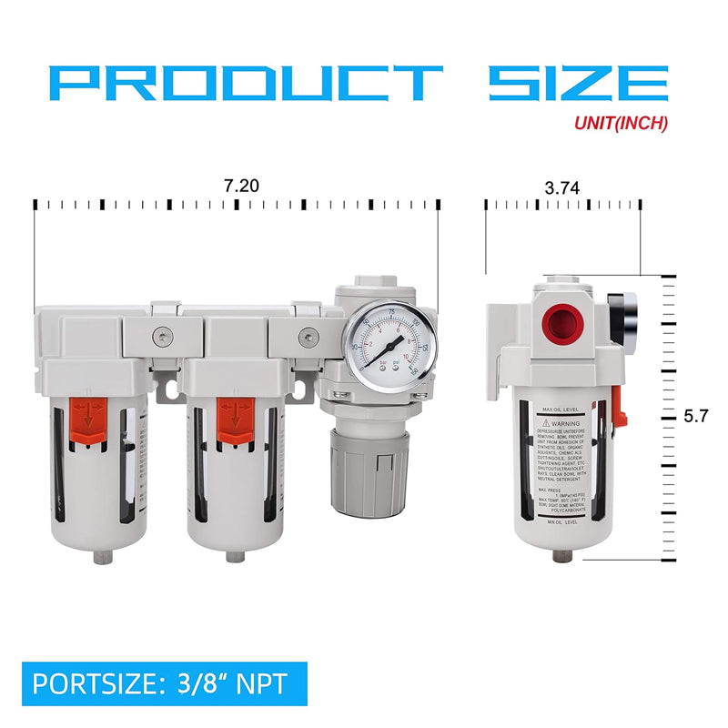 3/8" NPT Air Compressor Filter Regulator 5μm Air Drying System Poly Bowl Semi-Auto Drain