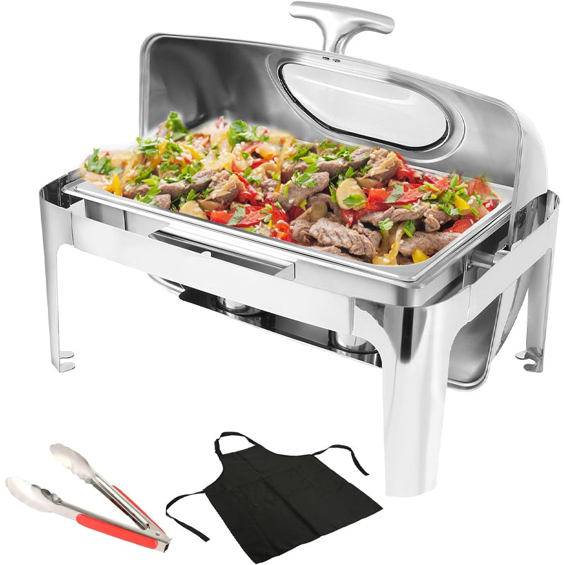 9QT Stainless Steel Roll Top Chafing Dish Buffet Set with Visible Window Chafers and Buffet Warmer