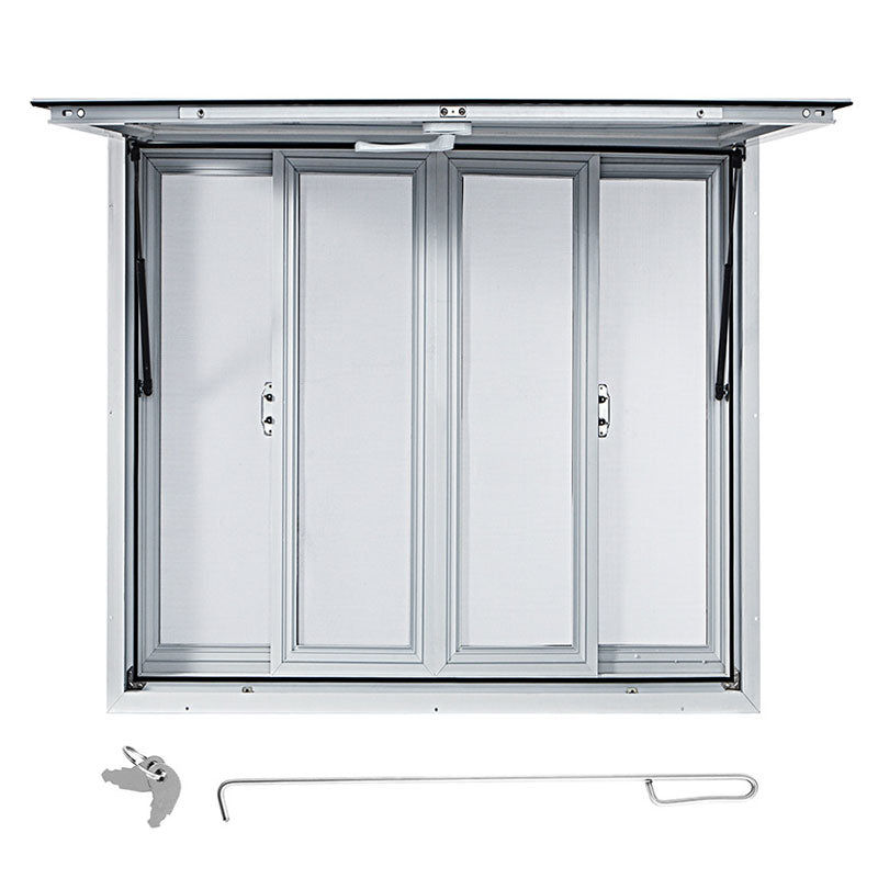 Aluminum Food Truck Service Window With 4 Horizontal Sliding Screen Windows & Awning Door & Tow Hook, Service Window For Food Truck Franchise Trailer
