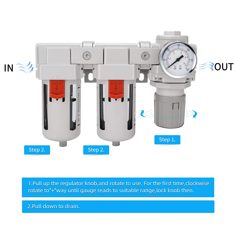 3/8" NPT Air Compressor Filter Regulator 5μm Air Drying System Poly Bowl Semi-Auto Drain