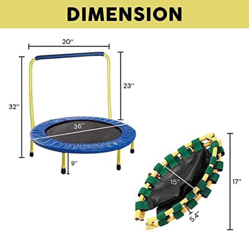 Kids Trampoline Portable & Foldable 36 Inch Round Jumping Mat for Toddler Durable Steel Metal Construction Frame with Padded Frame Cover and Handle Bar