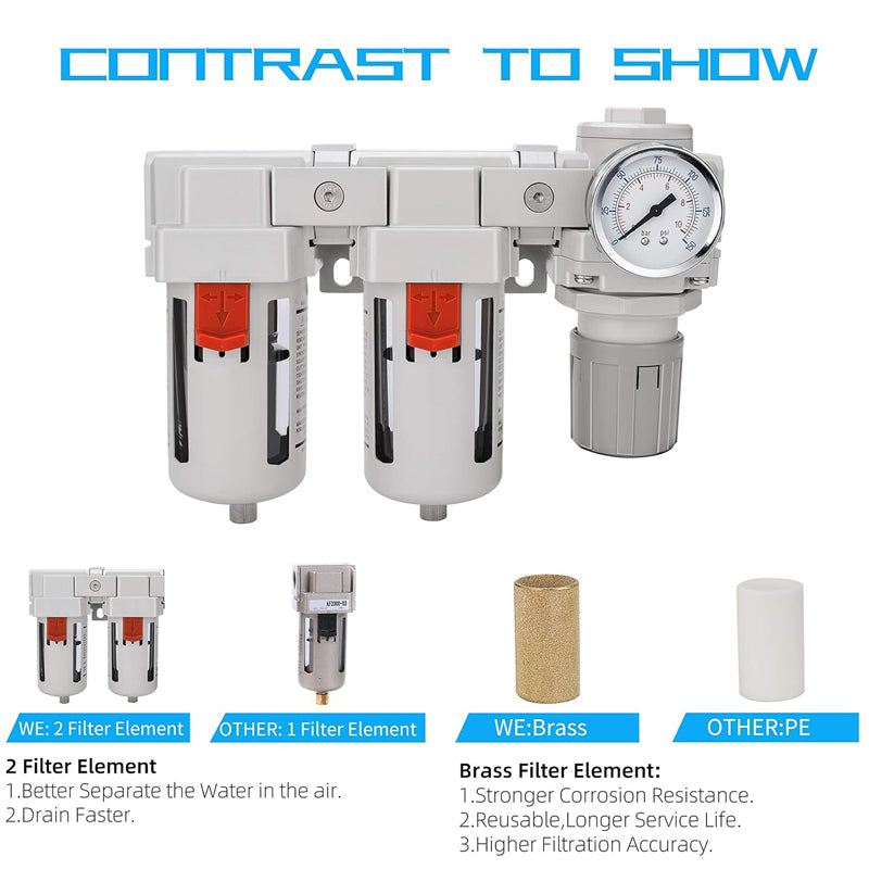 3/8" NPT Air Compressor Filter Regulator 5μm Air Drying System Poly Bowl Semi-Auto Drain