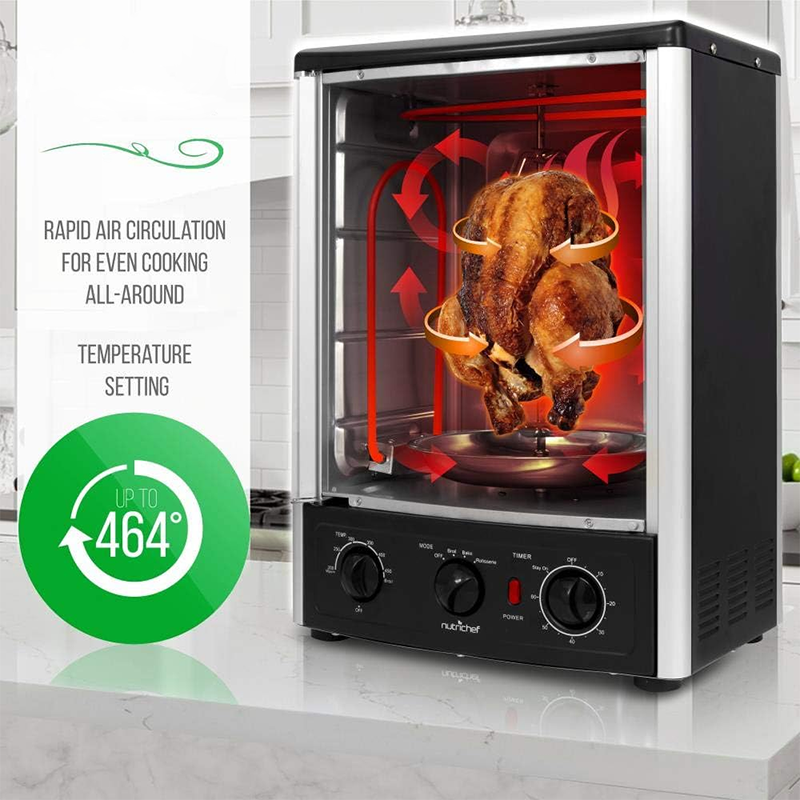 Nutrichef Upgraded Multi-Function Rotisserie Oven - Vertical Countertop Oven with Bake, Turkey Thanksgiving, Broil Roasting Kebab Rack with Adjustable Settings, 2 Shelves 1500 Watt