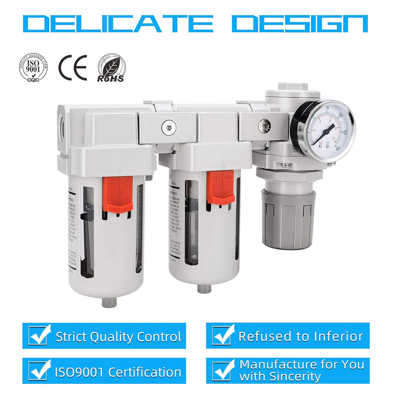 3/8" NPT Air Compressor Filter Regulator 5μm Air Drying System Poly Bowl Semi-Auto Drain