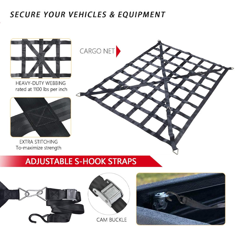 66" x 50" Cargo Net Pickup Truck Bed Cargo Net with Cam Buckles & S-Hooks for Trailer SUV Roof Rack